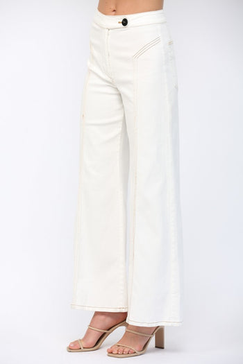 FATE Contrast Topstitching Detail High Waisted Flare Pants in Cream