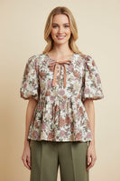 Heimish Floral Tie Neck Peplum Top in Cream/Pink