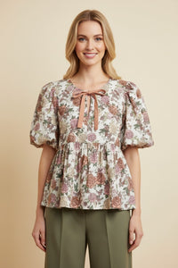 Heimish Floral Tie Neck Peplum Top in Cream/Pink – June Adel
