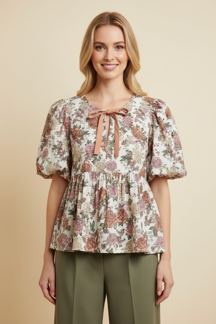 Heimish Floral Tie Neck Peplum Top in Cream/Pink – June Adel