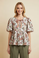 Heimish Floral Tie Neck Peplum Top in Cream/Pink