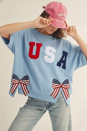 LovLov USA and Bow Patched OVERSIZED Top in Ice Blue