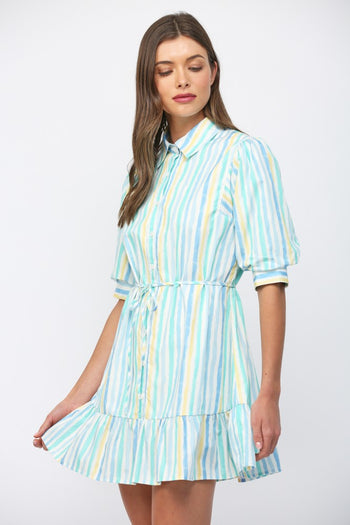 FATE Vertical Striped Print Mini Dress in White Blue Yellow