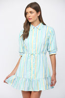 FATE Vertical Striped Print Mini Dress in White Blue Yellow