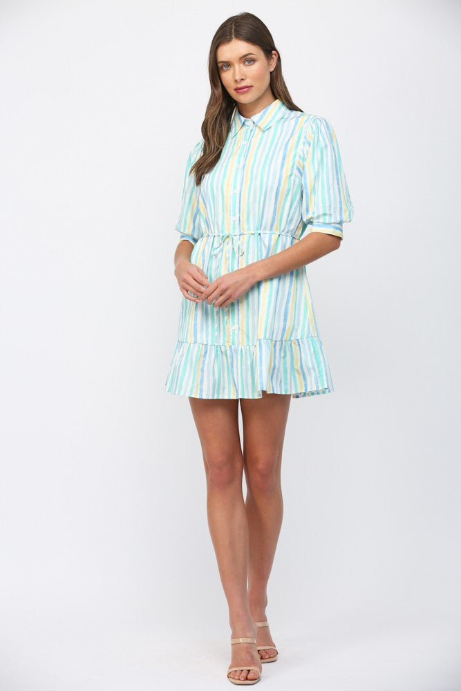 FATE Vertical Striped Print Mini Dress in White Blue Yellow June Adel FATE Vertical Striped Print Mini Dress in White Blue Yellow June Adel