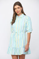 FATE Vertical Striped Print Mini Dress in White Blue Yellow