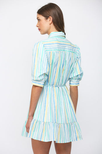 FATE Vertical Striped Print Mini Dress in White Blue Yellow