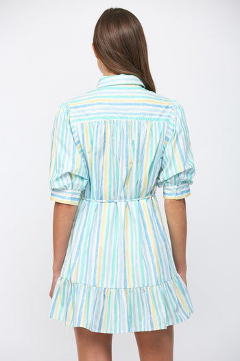 FATE Vertical Striped Print Mini Dress in White Blue Yellow