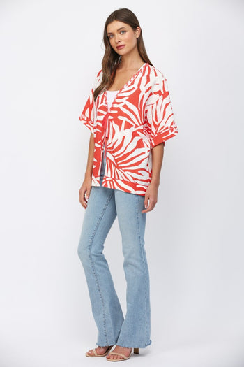 FATE Braided Edge Detail Tropical Print Kimono  in White Coral