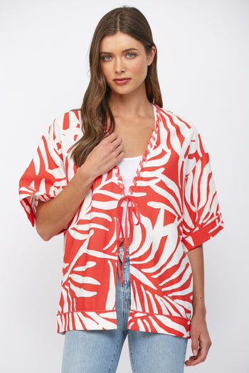 FATE Braided Edge Detail Tropical Print Kimono  in White Coral