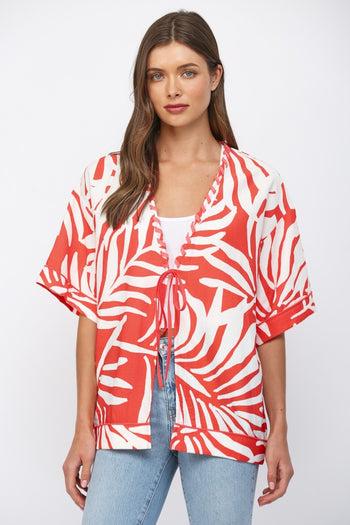 FATE Braided Edge Detail Tropical Print Kimono  in White Coral