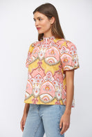 FATE Floral Ornamental Pattern High Ruffled Neckline in Peach Multi