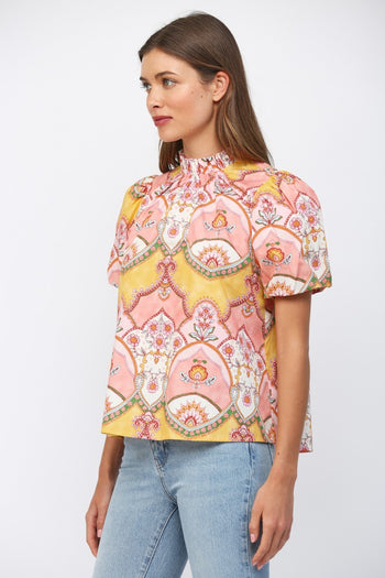 FATE Floral Ornamental Pattern High Ruffled Neckline in Peach Multi