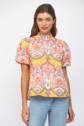 FATE Floral Ornamental Pattern High Ruffled Neckline in Peach Multi