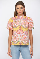 FATE Floral Ornamental Pattern High Ruffled Neckline in Peach Multi