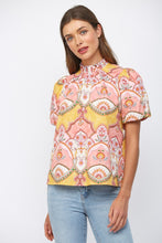Load image into Gallery viewer, FATE Floral Ornamental Pattern High Ruffled Neckline in Peach Multi
