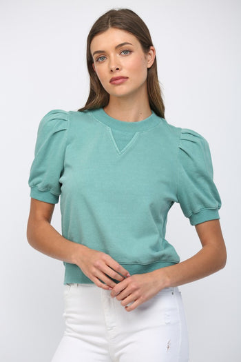 FATE Pleated Bubble Sleeve Crew Neck Top in Teal