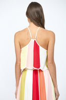 FATE CROPPED Linen Blend Color Block Halter Top in Cream Multi