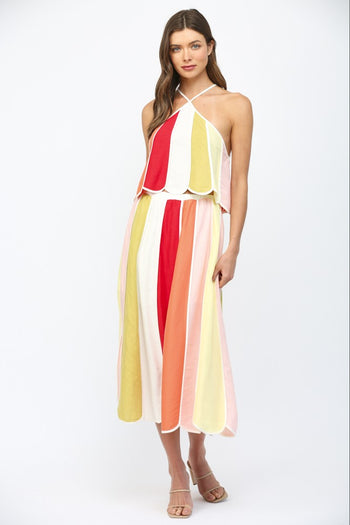 FATE Linen Blend Color Block Midi Skirt in Cream Multi