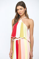 FATE CROPPED Linen Blend Color Block Halter Top in Cream Multi