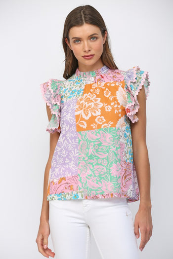 FATE Ric-Rac Trimmed Floral Patchwork Blouse in Lilac Multi