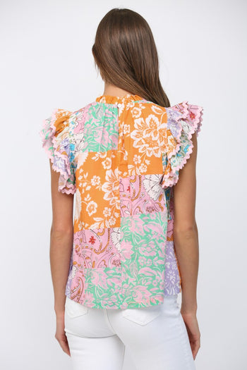FATE Ric-Rac Trimmed Floral Patchwork Blouse in Lilac Multi