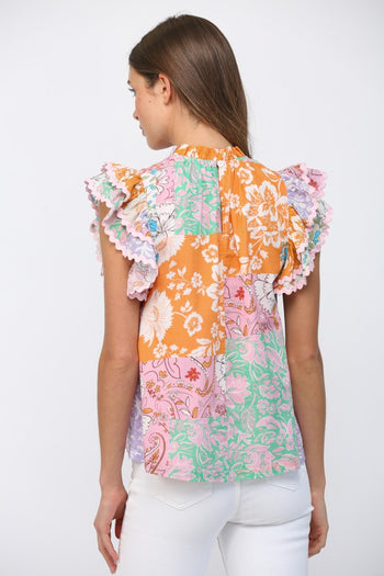 FATE Ric-Rac Trimmed Floral Patchwork Blouse in Lilac Multi