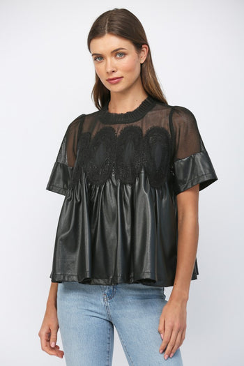 FATE Solid Color Lace Overlay Faux Leather Babydoll Top in Black