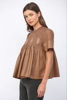 FATE Solid Color Lace Overlay Faux Leather Babydoll Top in Mocha