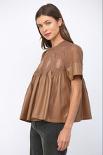 Load image into Gallery viewer, FATE Solid Color Lace Overlay Faux Leather Babydoll Top in Mocha
