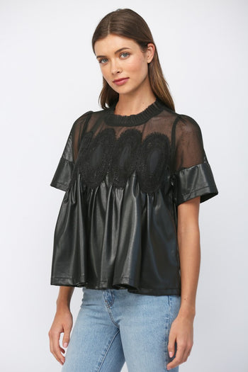 FATE Solid Color Lace Overlay Faux Leather Babydoll Top in Black
