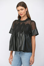 Load image into Gallery viewer, FATE Solid Color Lace Overlay Faux Leather Babydoll Top in Black
