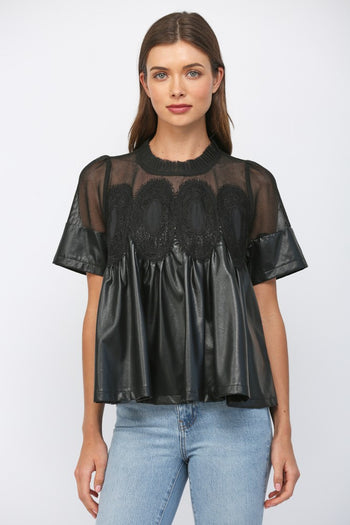 FATE Solid Color Lace Overlay Faux Leather Babydoll Top in Black
