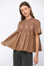 Load image into Gallery viewer, FATE Solid Color Lace Overlay Faux Leather Babydoll Top in Mocha
