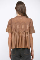 FATE Solid Color Lace Overlay Faux Leather Babydoll Top in Mocha