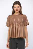 FATE Solid Color Lace Overlay Faux Leather Babydoll Top in Mocha