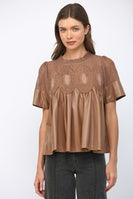 FATE Solid Color Lace Overlay Faux Leather Babydoll Top in Mocha