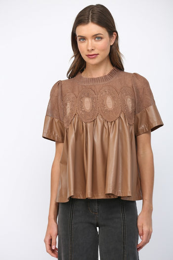 FATE Solid Color Lace Overlay Faux Leather Babydoll Top in Mocha