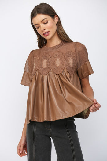 FATE Solid Color Lace Overlay Faux Leather Babydoll Top in Mocha