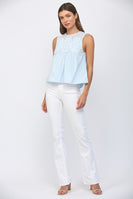 FATE Contrasting Mesh Yoke Detail Lace Trim Top in Baby Blue