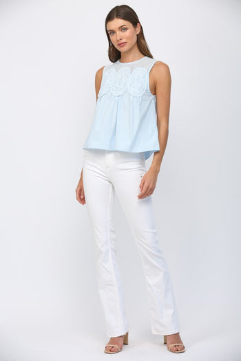 FATE Contrasting Mesh Yoke Detail Lace Trim Top in Baby Blue