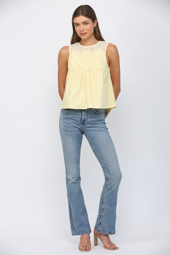 FATE Contrasting Mesh Yoke Detail Lace Trim Top in Yellow