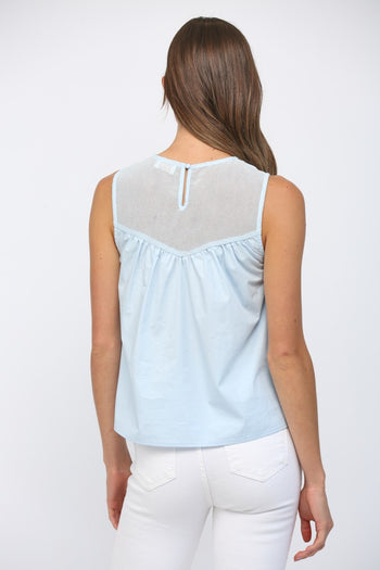 FATE Contrasting Mesh Yoke Detail Lace Trim Top in Baby Blue