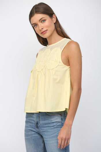 FATE Contrasting Mesh Yoke Detail Lace Trim Top in Yellow