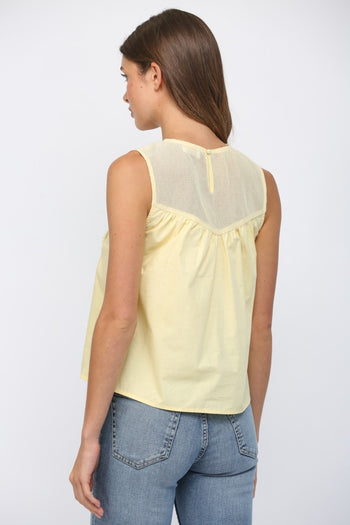 FATE Contrasting Mesh Yoke Detail Lace Trim Top in Yellow