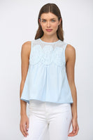 FATE Contrasting Mesh Yoke Detail Lace Trim Top in Baby Blue