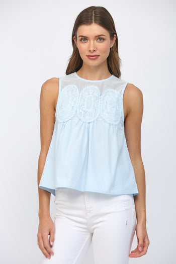 FATE Contrasting Mesh Yoke Detail Lace Trim Top in Baby Blue