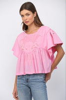FATE Embroidery Lace Trimmed Sweatshirt Top in Bubblegum Pink