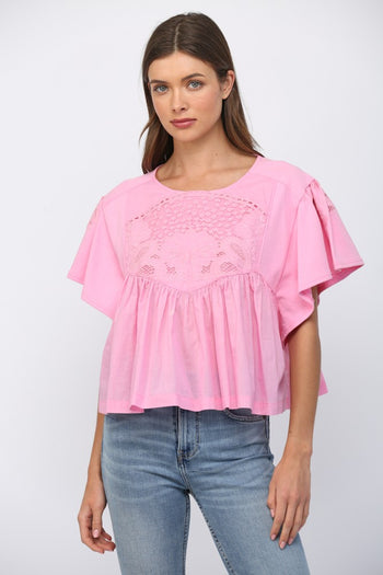 FATE Embroidery Lace Trimmed Sweatshirt Top in Bubblegum Pink