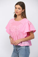 FATE Embroidery Lace Trimmed Sweatshirt Top in Bubblegum Pink